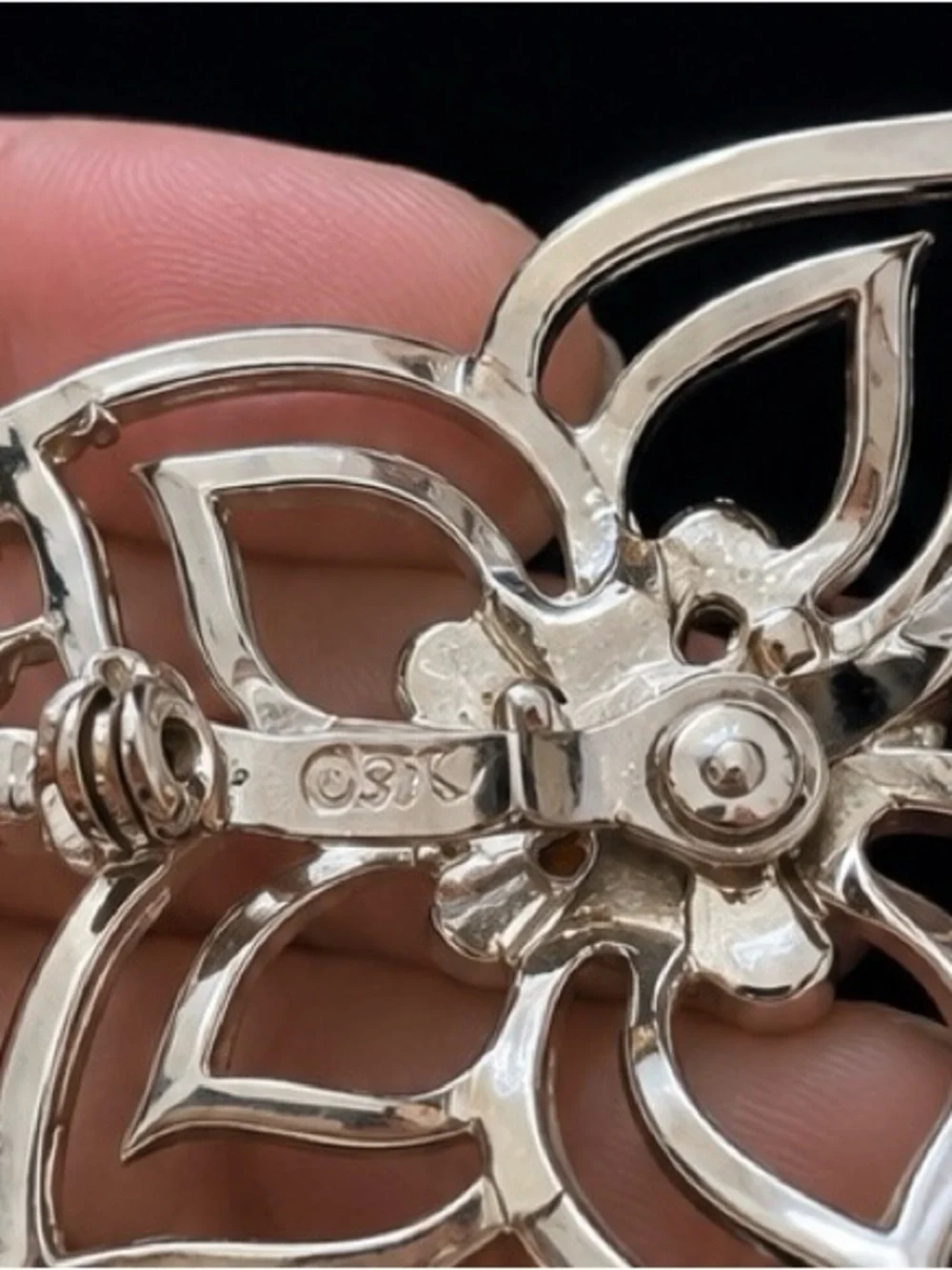 Vintage Cora Amber Rhinestone Floral Brooch | Silver Tone Openwork Pin | Signed